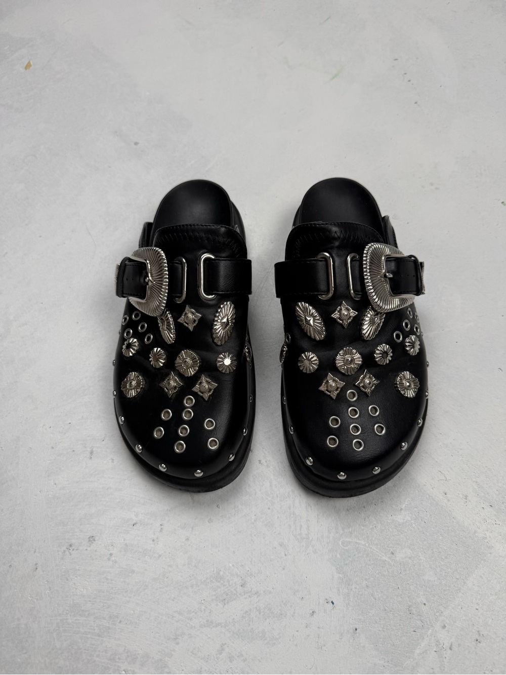 Black Studded Slip-On Clogs with Silver Buckle